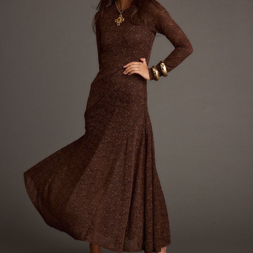 NWT 12th Tribe Tierra Brown Lace Long Sleeve Maxi Dress Size XSXS